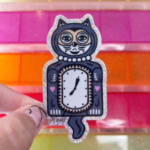 Retro Cat Clock Glitter Vinyl Sticker
