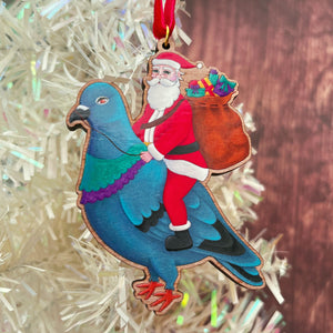 Santa On A Pigeon Wooden Tree Decoration