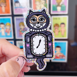 Retro Cat Clock Glitter Vinyl Sticker