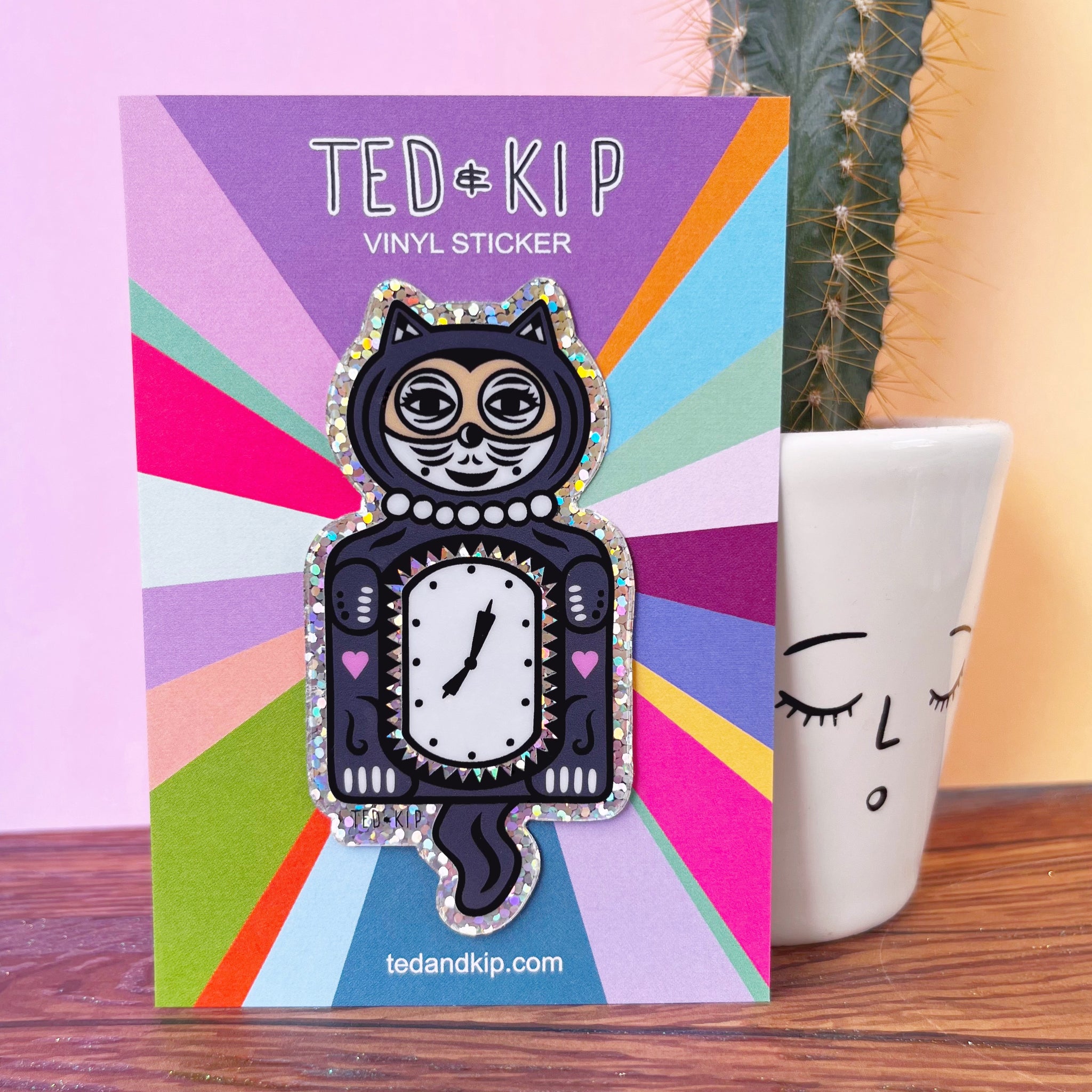 Retro Cat Clock Glitter Vinyl Sticker