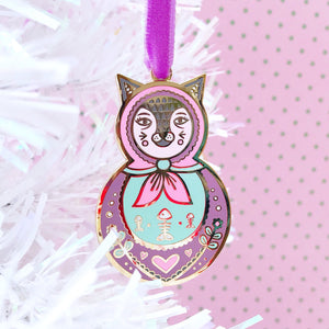 SALE Cat Russian Doll Enamel Tree Decoration (pink)