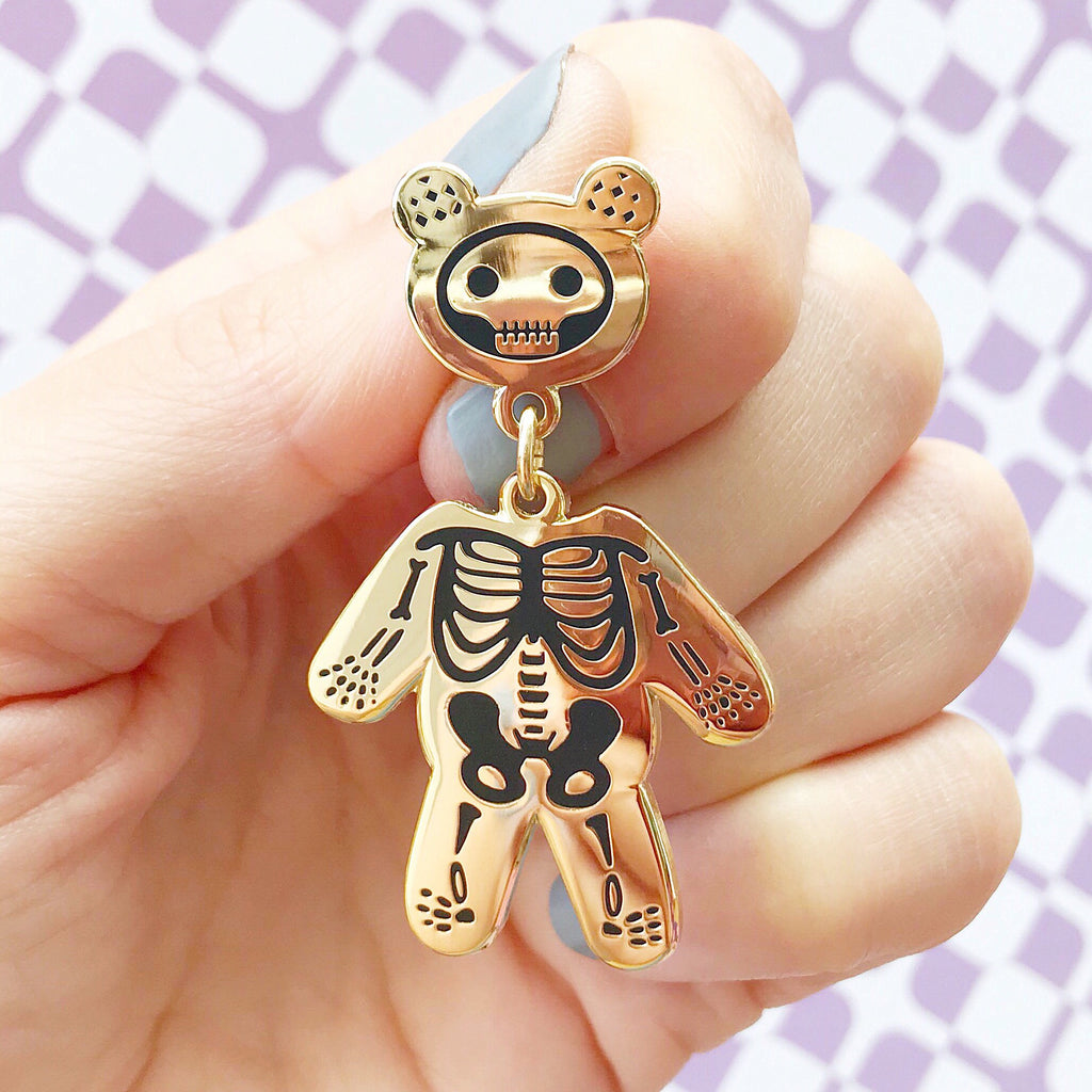 Skeleton Bear Enamel Pin (Black And Gold)