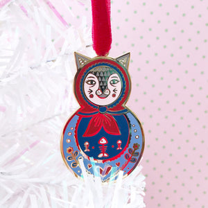 SALE Cat Russian Doll Enamel Tree Decoration (blue)