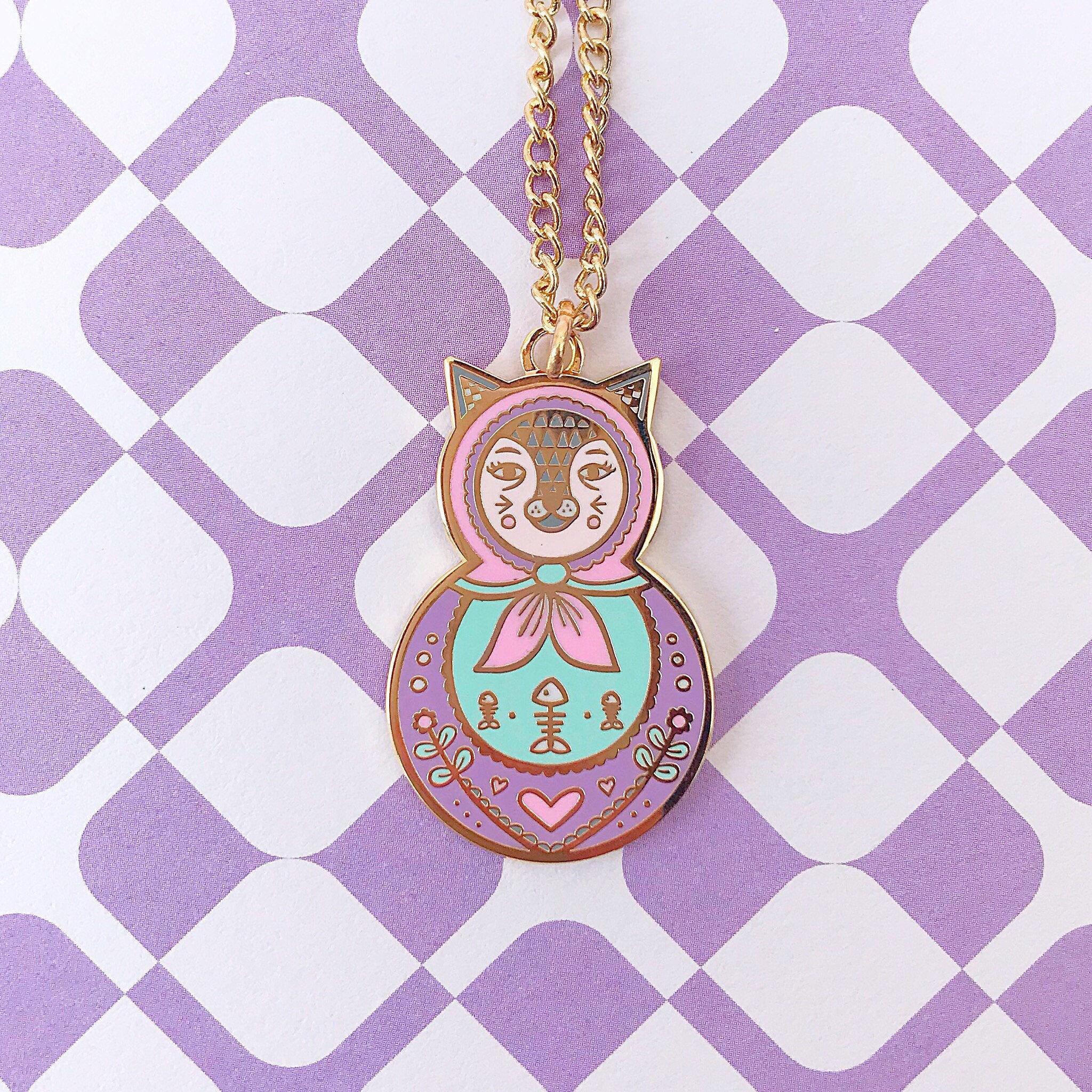 Cat Russian Doll Necklace (Pink)