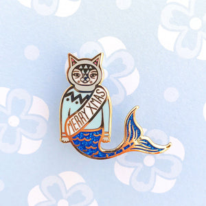 Christmas Cat Mermaid Enamel Pin (Blue)