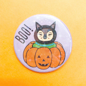 Cat In A Pumpkin Button Badge
