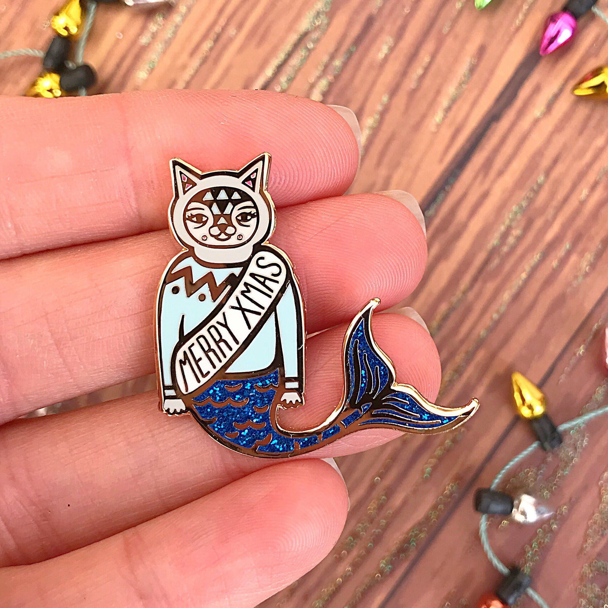 Christmas Cat Mermaid Enamel Pin (Blue)