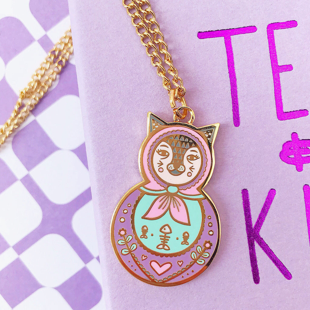 Cat Russian Doll Necklace (Pink)