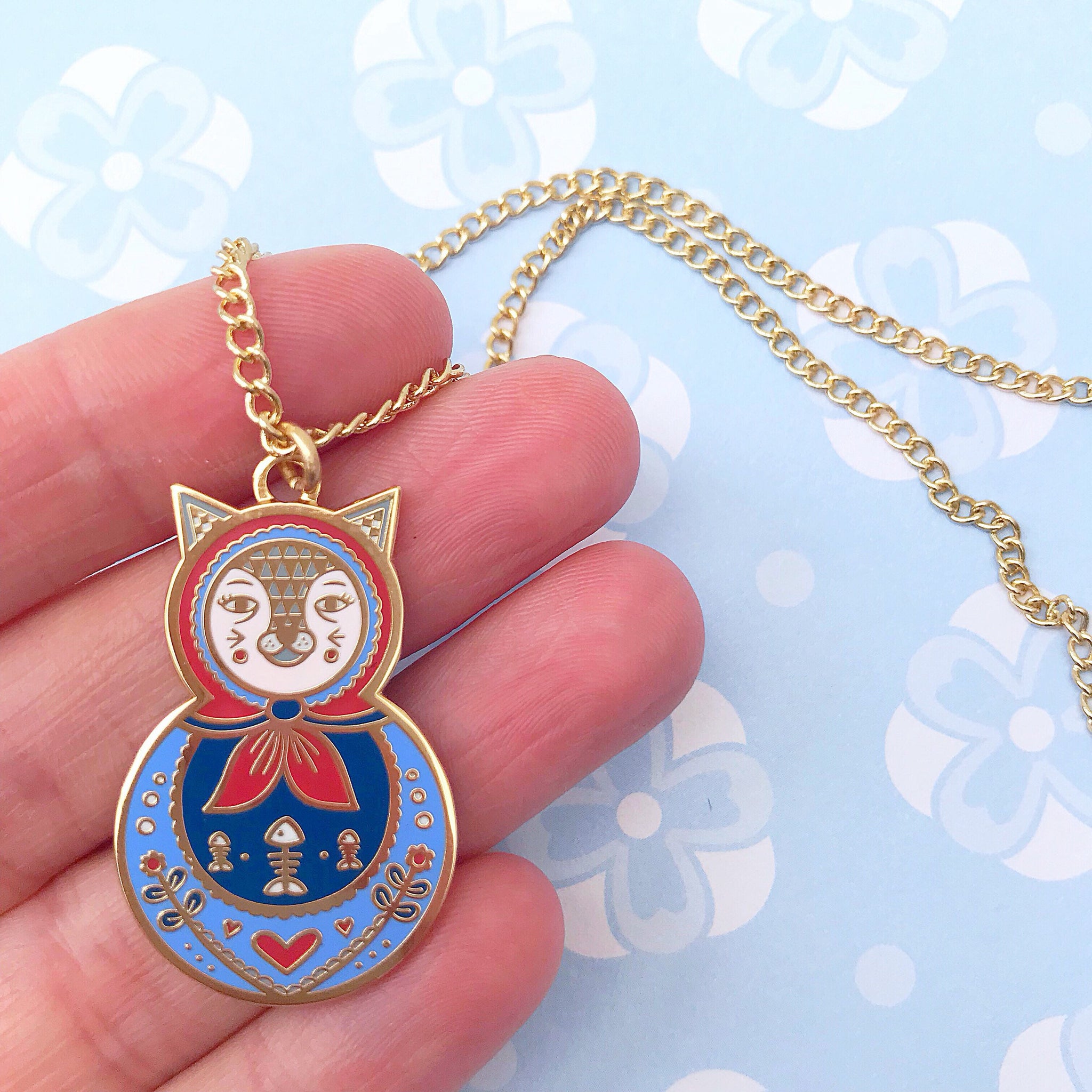 Cat Russain Doll Necklace (Blue)
