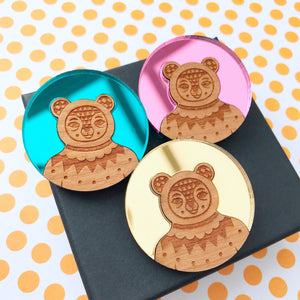 SALE Mirrored Bear Brooch (Acrylic & Wood)