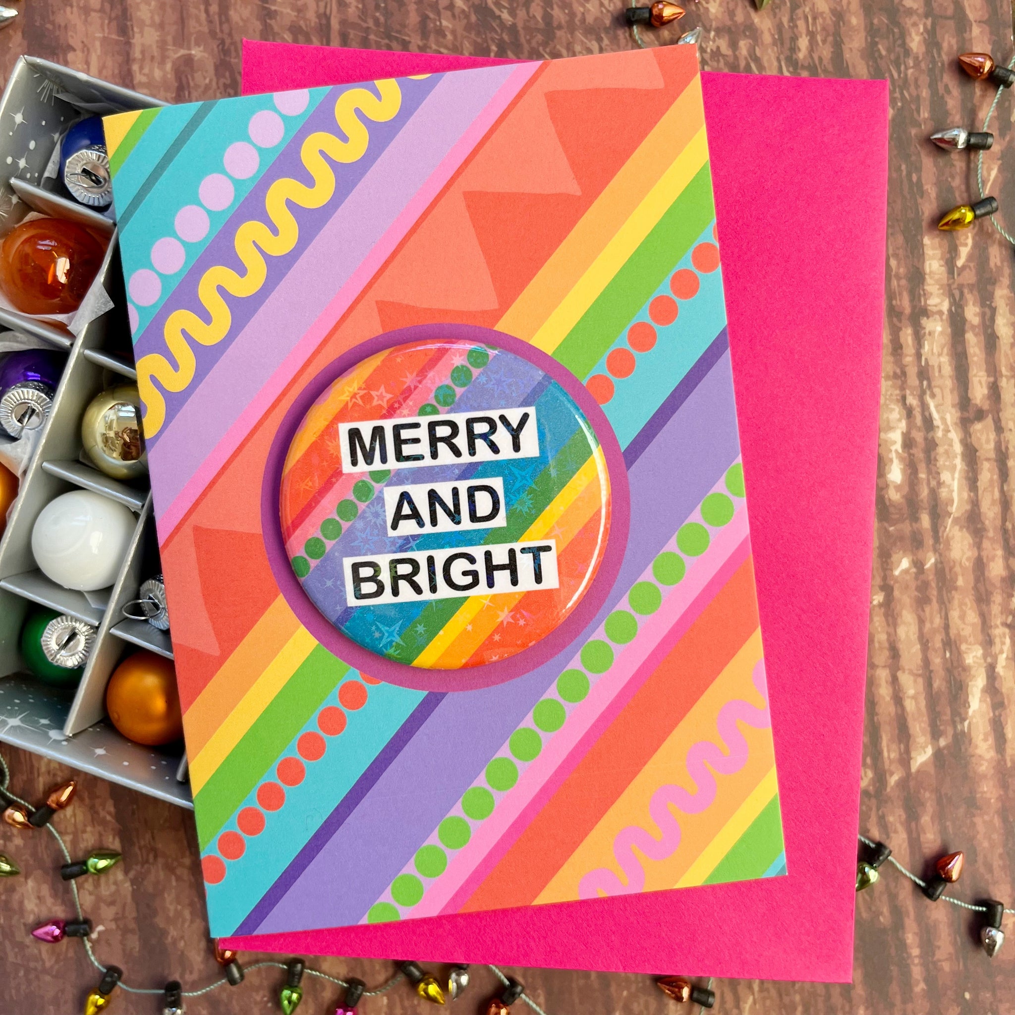 Merry And Bright Rainbow Button Badge Card