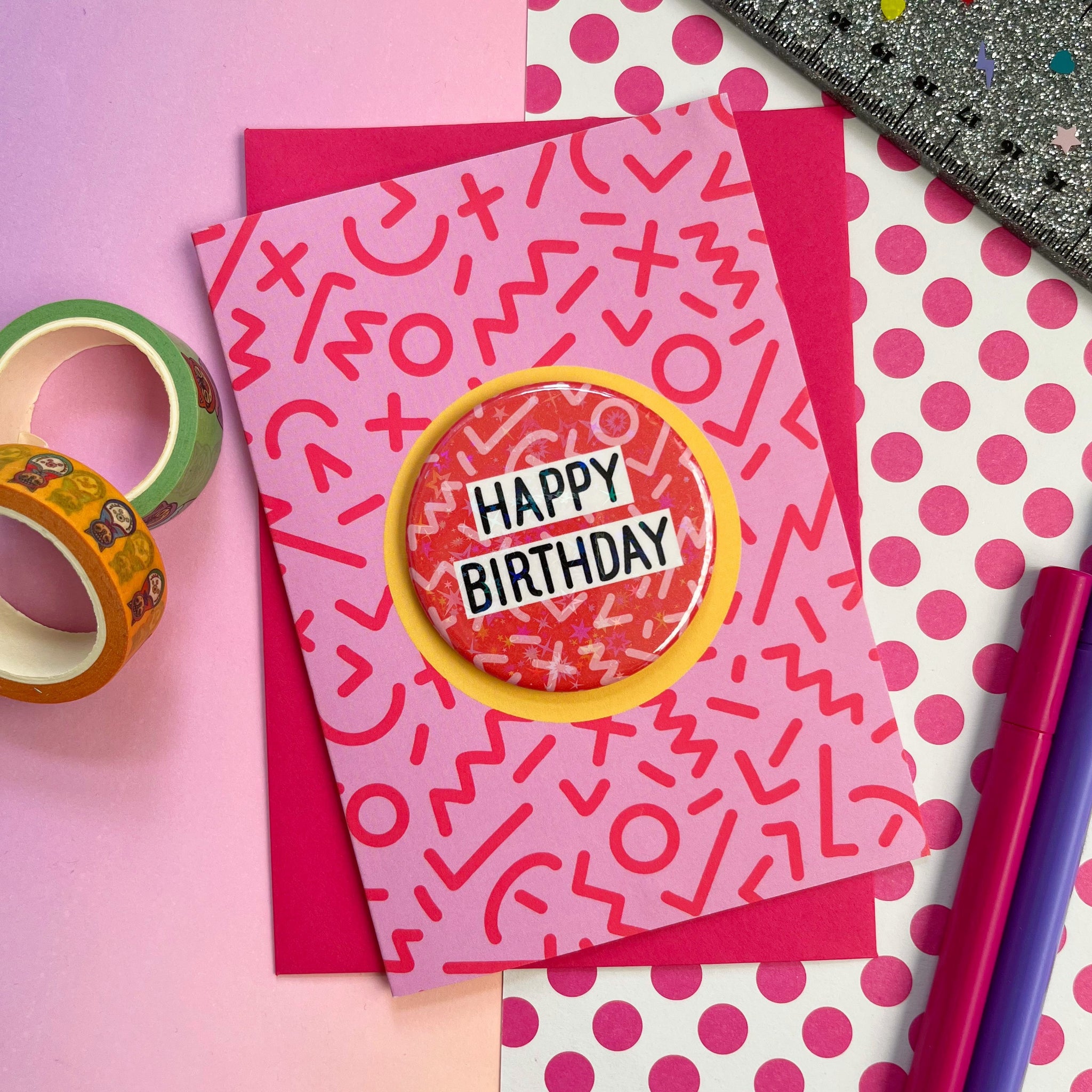 Happy Birthday Pink Squiggles Holo Badge Card