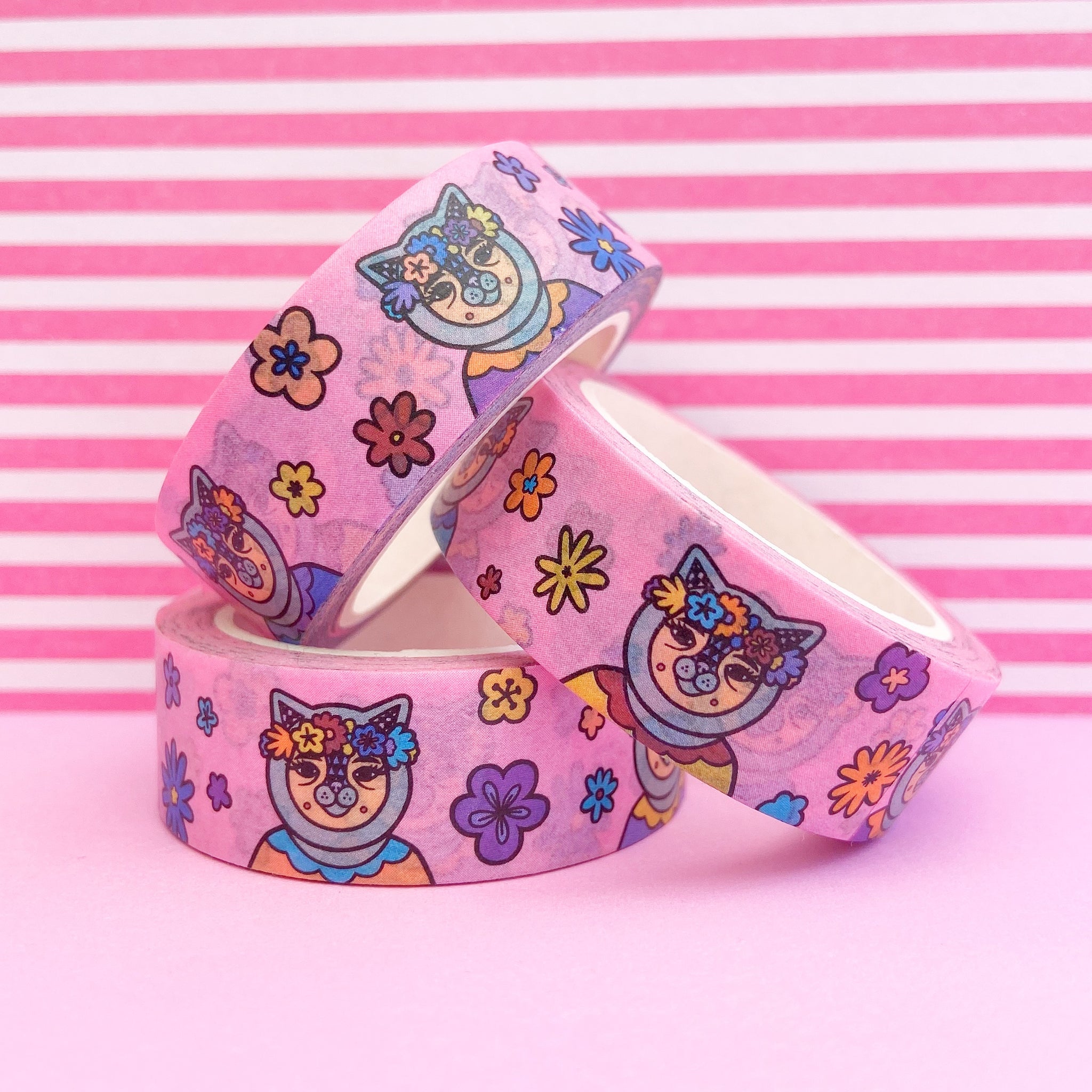 Pink Flower Cat Washi Tape