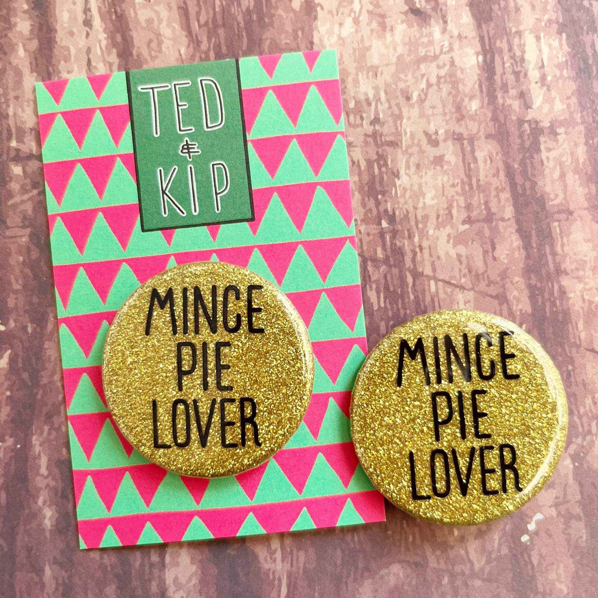 Mince Pie Lover Gold Glitter Button Badge