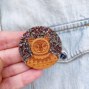 Multi Glitter Bear brooch (Acrylic & Wood)