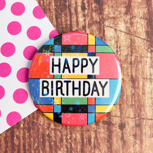 Happy Birthday Squares Holographic Button Badge