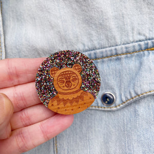 Multi Glitter Bear brooch (Acrylic & Wood)