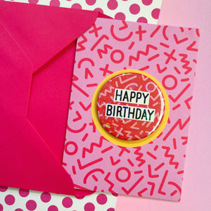 Happy Birthday Pink Squiggles Holo Badge Card