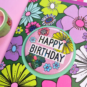 Happy Birthday Green Flowers Holo Badge Card
