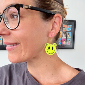 Smilie Face Hoop Earrings (Neon Yellow)