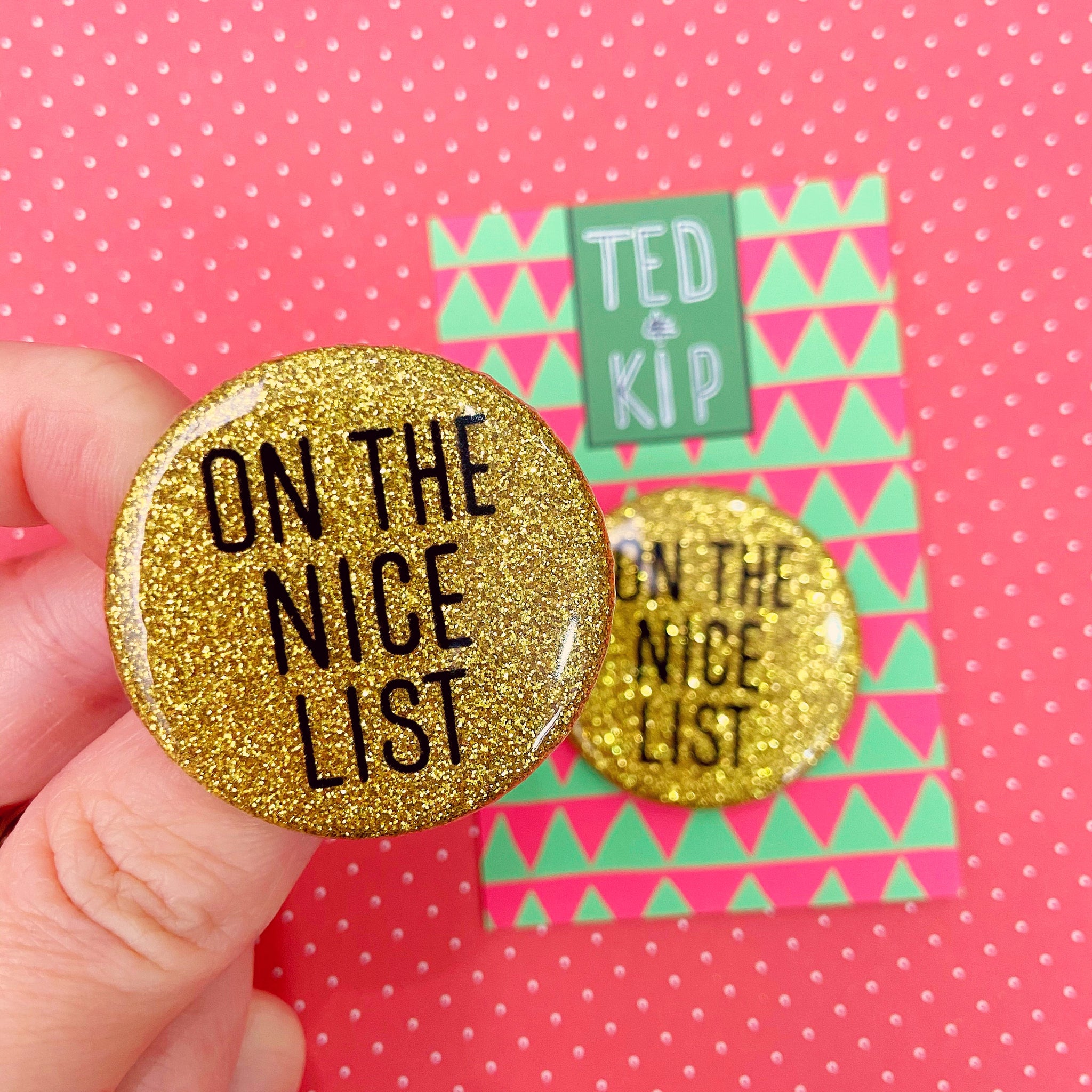 Nice List Gold Glitter Button Badge