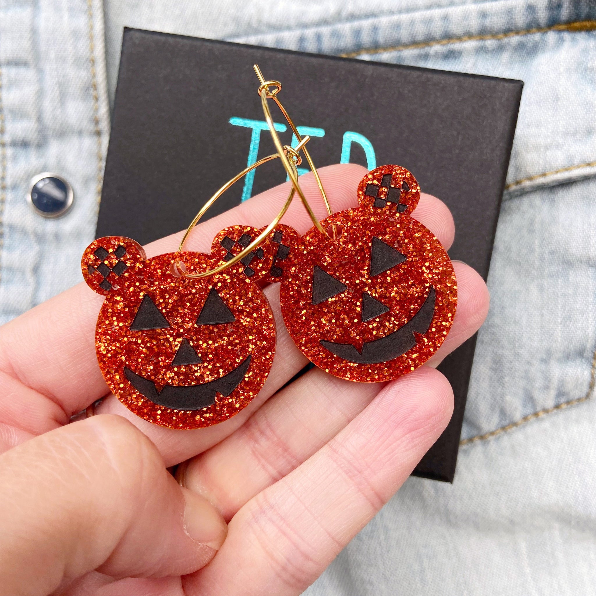 LIMITED EDITION Halloween Smilie Face Hoop Earrings (Orange Glitter)