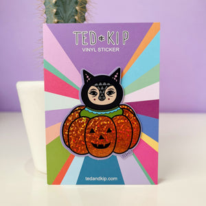 Cat Pumpkin Glitter Vinyl Sticker