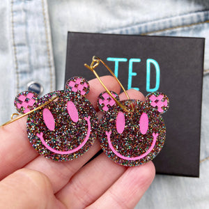 Smiley Face Hoop Earrings (Multi Glitter Pink)