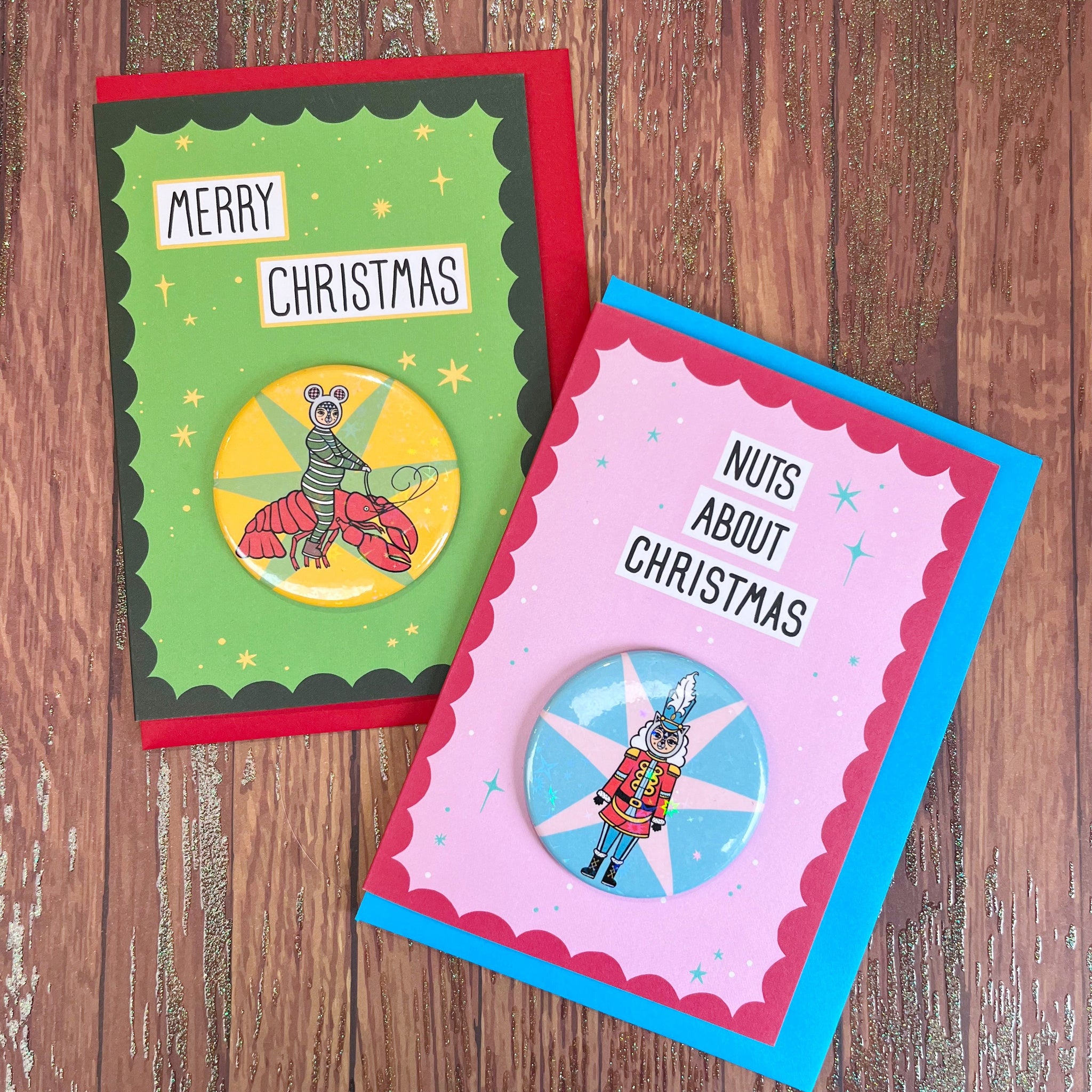 Christmas Button Badge Card Four or Eight Card Pack (Lobster Mouse And Nutcracker Cat)