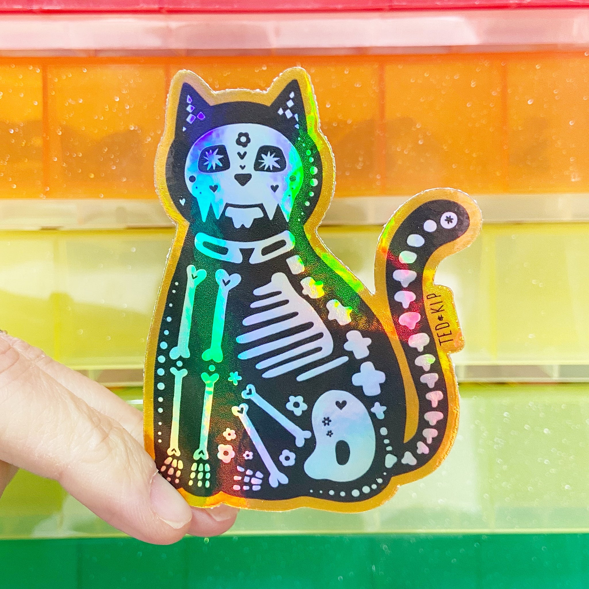 Skeleton Cat Holographic Vinyl Sticker