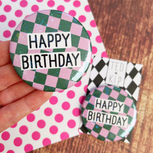 Happy Birthday Green Check Holographic Button Badge