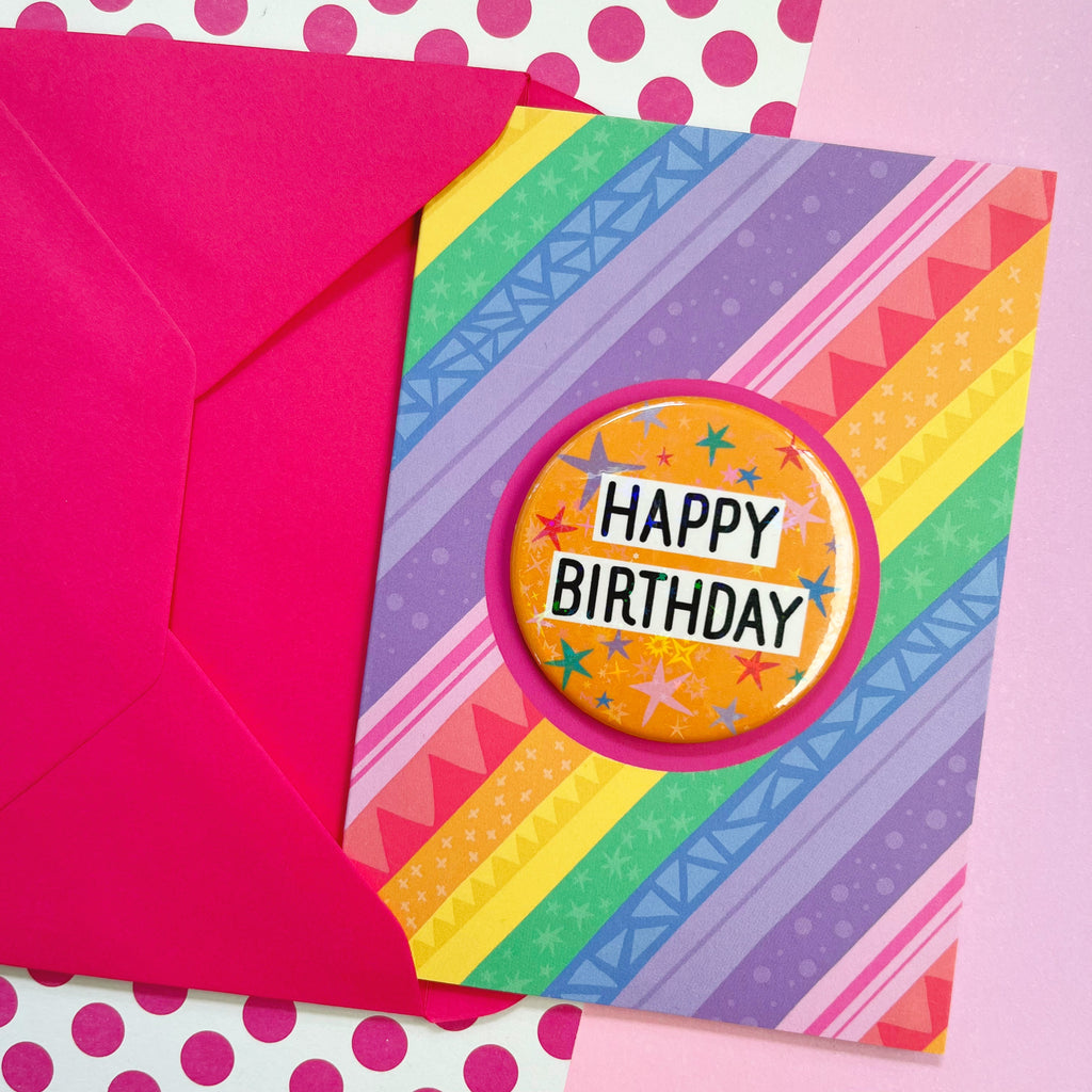 Happy Birthday Rainbow Stripe Holo Badge Card