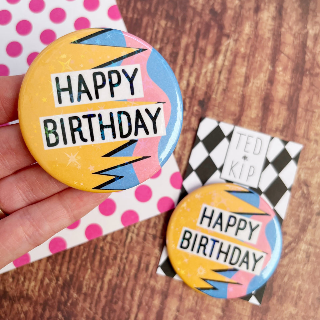 Happy Birthday Surf Holographic Button Badge