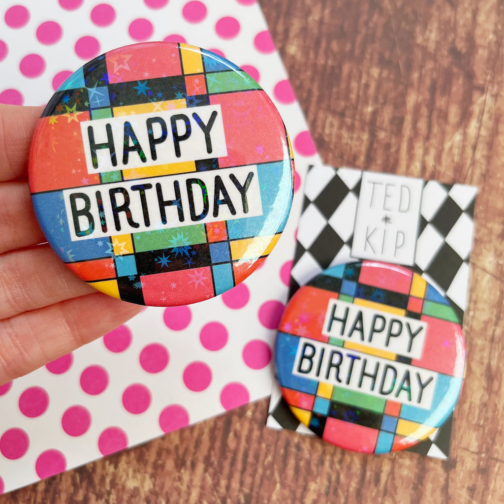 Happy Birthday Squares Holographic Button Badge
