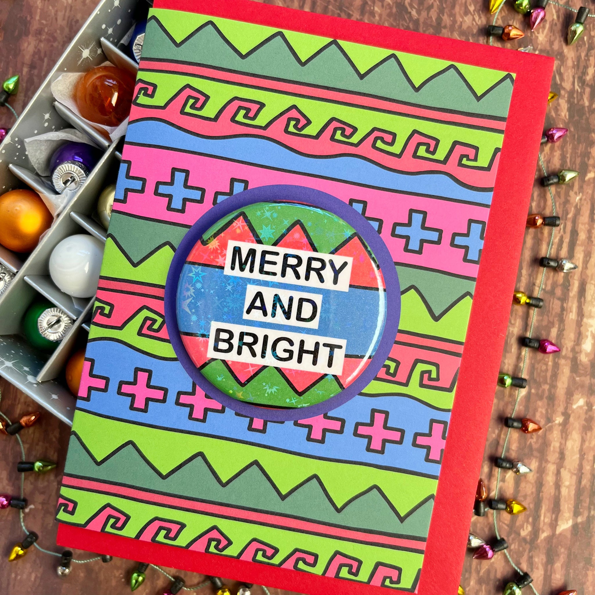 Merry And Bright Aztec Button Badge Card