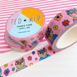 Pink Flower Cat Washi Tape