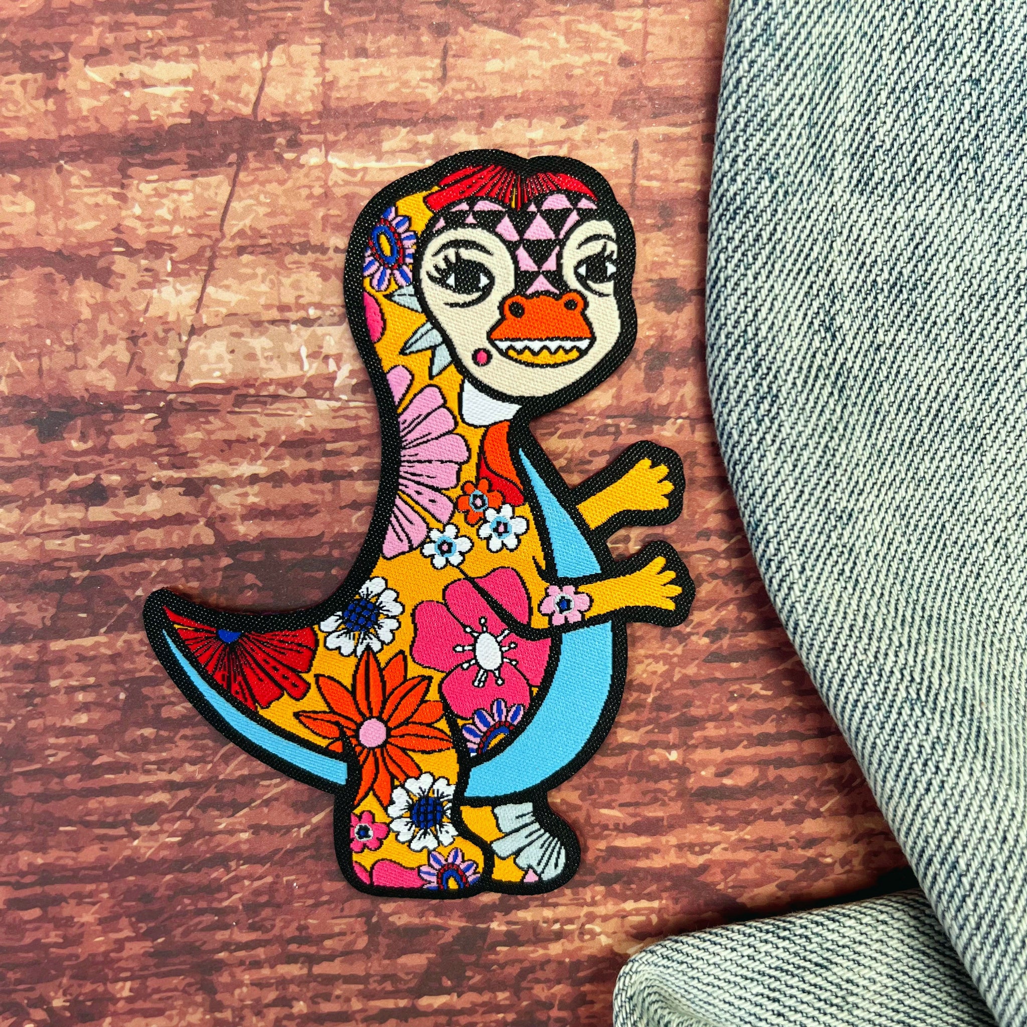 Floral Dino Woven Patch (Orange)